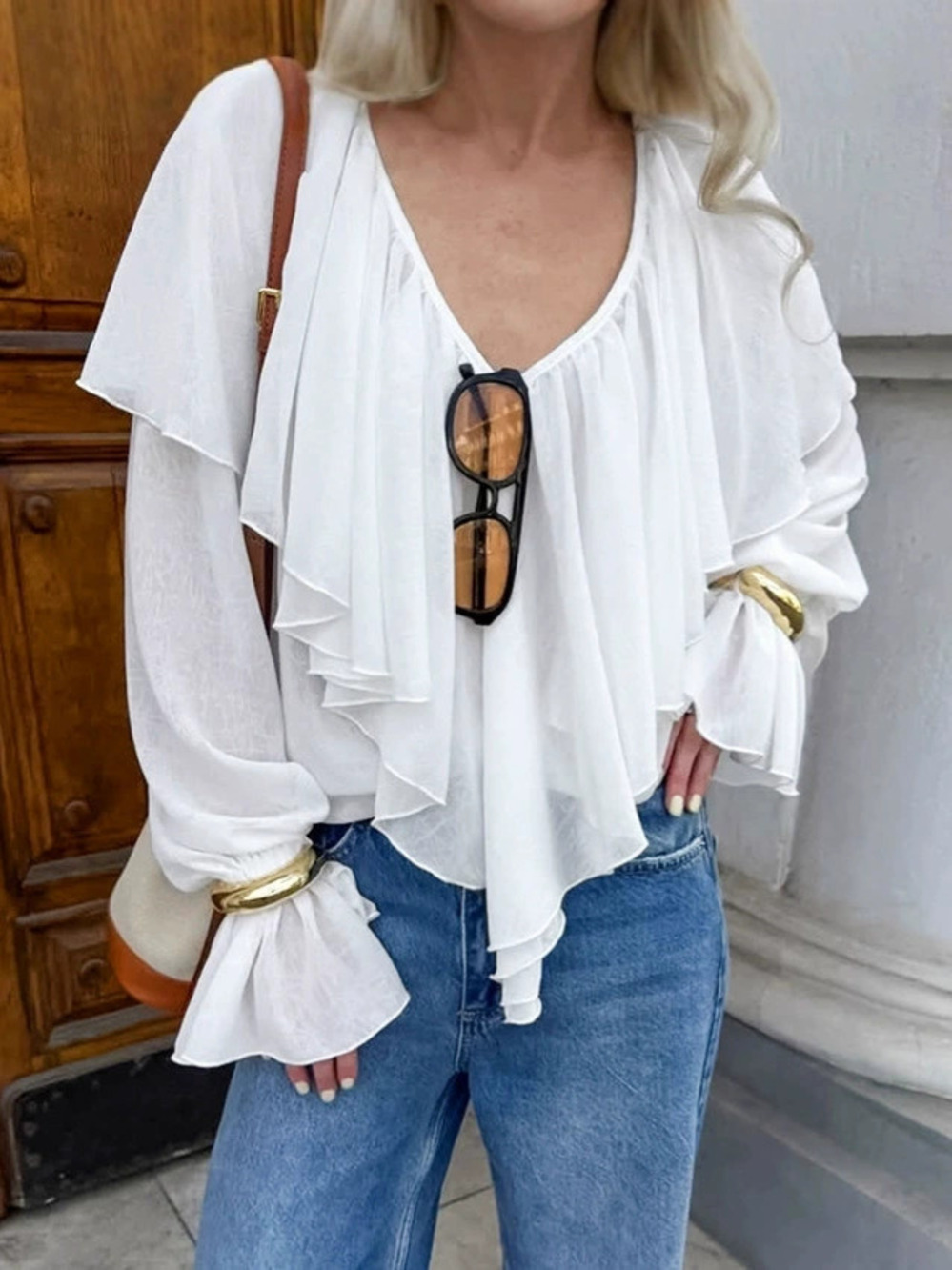 Forever 21 Ruffle Chiffon Blouse Autumn Loose White FrenchCollar Mid Length